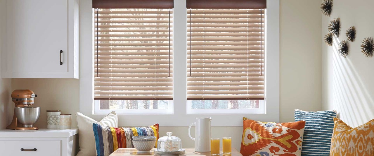 Aluminum blinds in a kitchen.